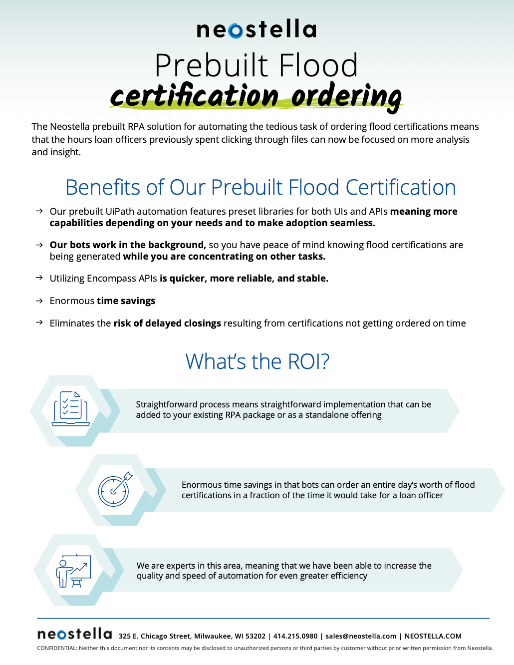 A preview of the download guide for Neostella's prebuilt flood certification ordering automation for mortgage industry professionals