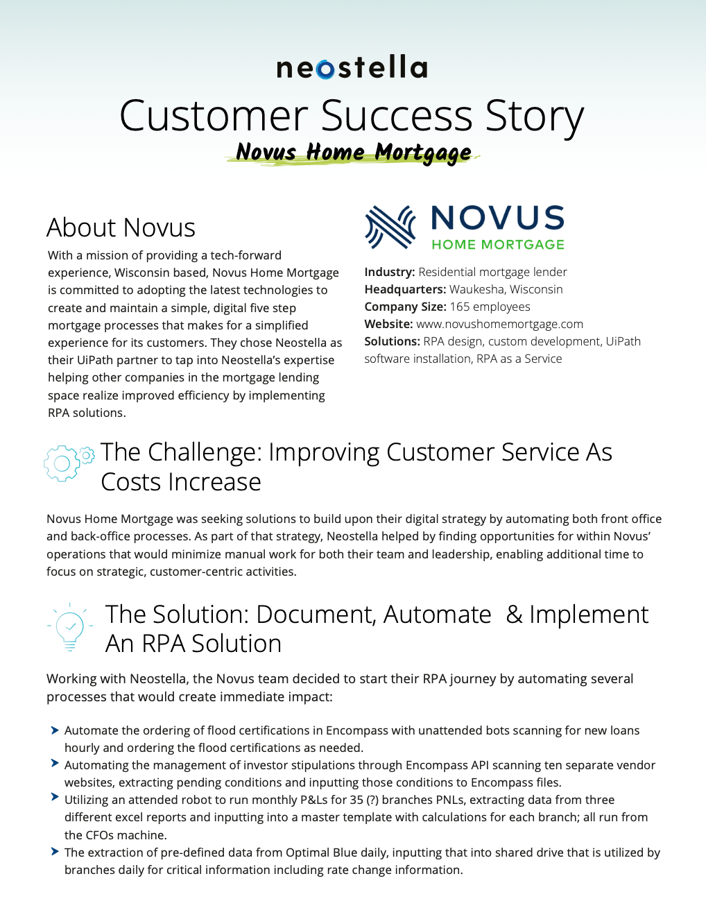 A preview of a download detailing a use case for RPA in mortgage industry and Novus Home Mortgage's customer story of using RPA to streamline operations.
