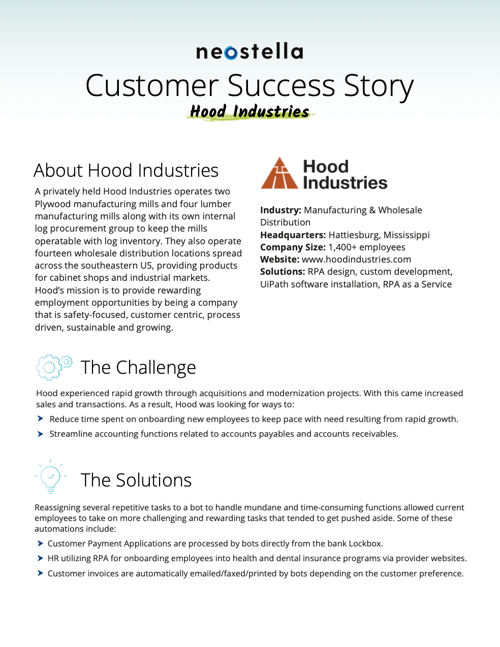A preview of the customer story download for Hood Industries and their experience using RPA to speed up operations during a period of rapid growth