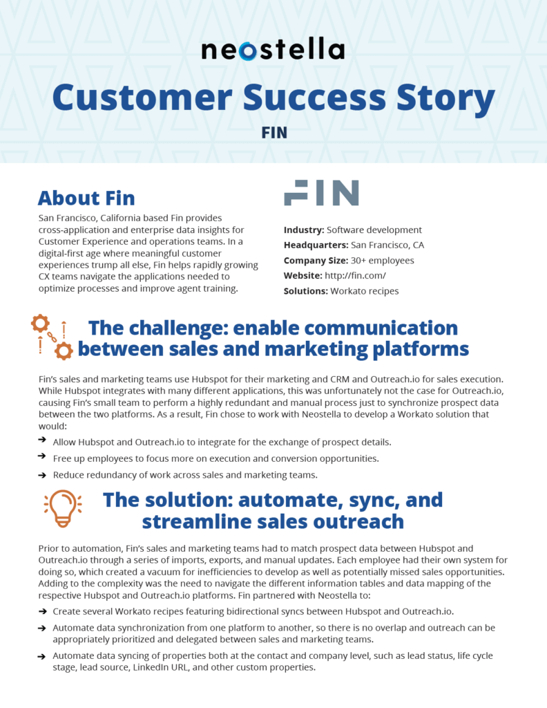 A preview of the customer success story download regarding how Fin used Neostella's integration solutions through Workato to empower sales and marketing teams with iPaaS automation.
