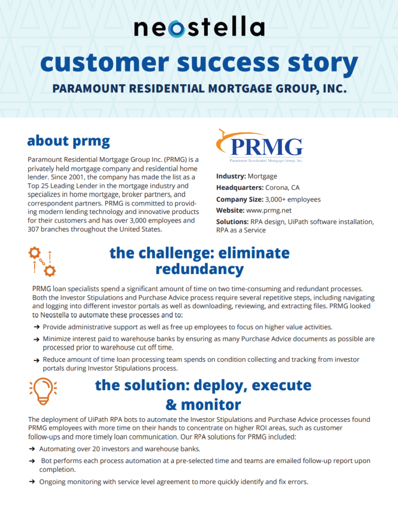 A preview of the customer success story download regarding how PRMG used Neostella's RPA solutions to elimate redundancy in two time-consuming processes.