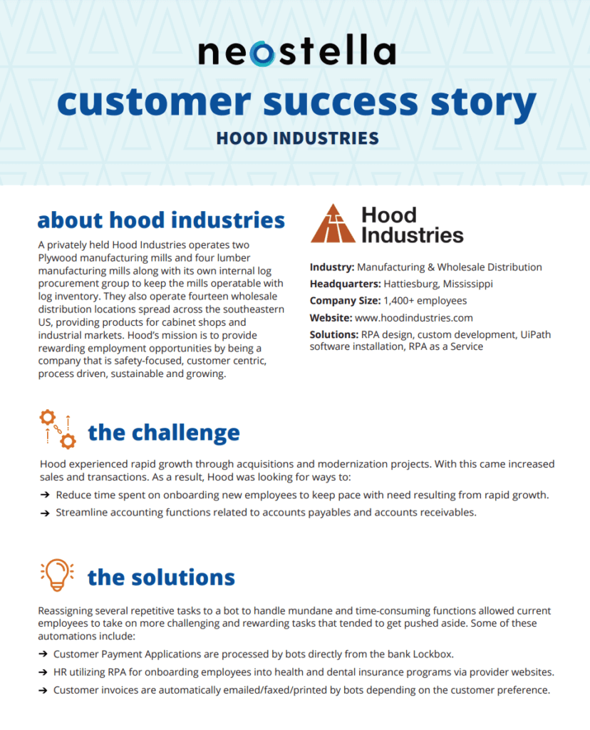 A preview of the customer success story download regarding how Hood Industries transformed their HR and accounting operations through Neostella's RPA solutions