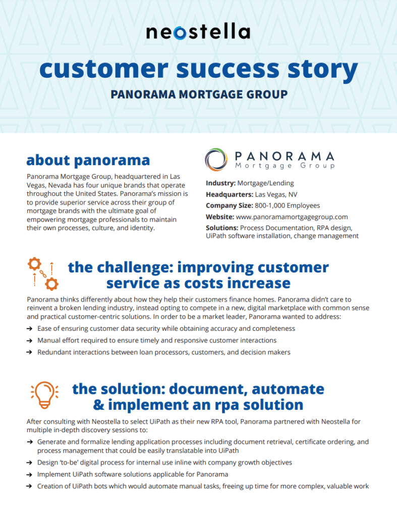 A preview of the customer success story download regarding how Panorama mortgage transformed their operations through Neostella's RPA solutions