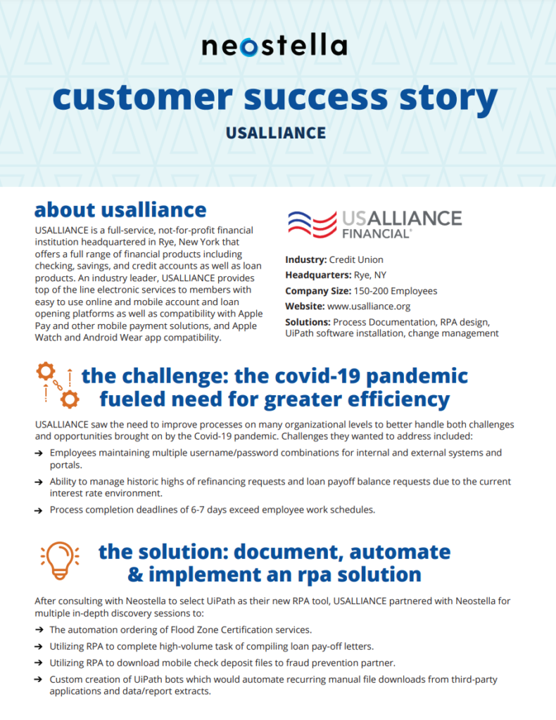 A preview of the customer success story download regarding how USAlliance transformed their financial operations through Neostella's RPA solutions