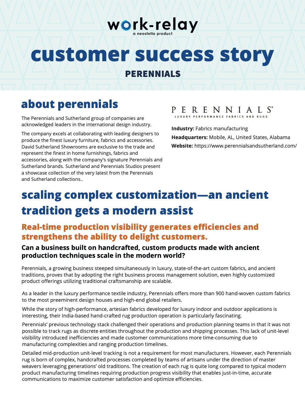 A preview of the customer success story download regarding how Perennials increased operational visibility using Work-Relay