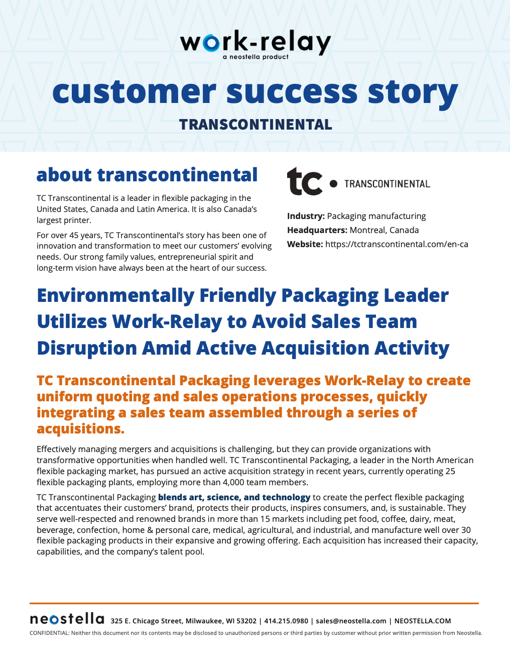 A preview of the customer success story download regarding how transcontinental packaging transformed their sales operations through a merger using Work-Relay