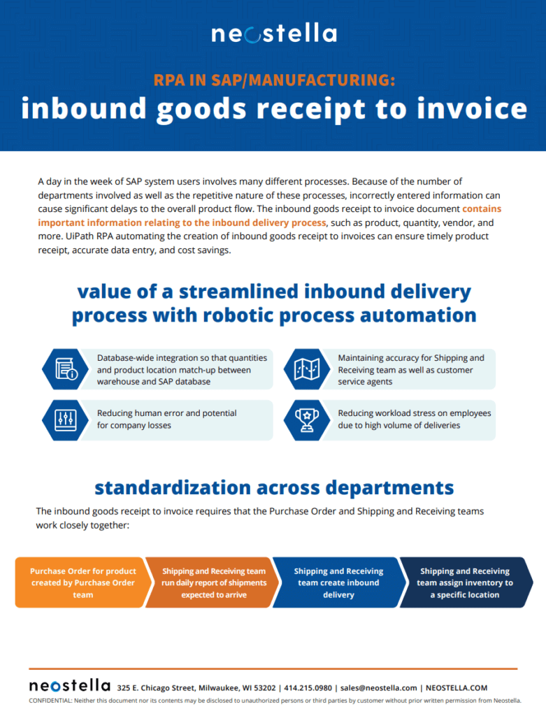 A preview of the download guide that explores how RPA can streamline inbound goods from receipt, to invoice, to delivery.