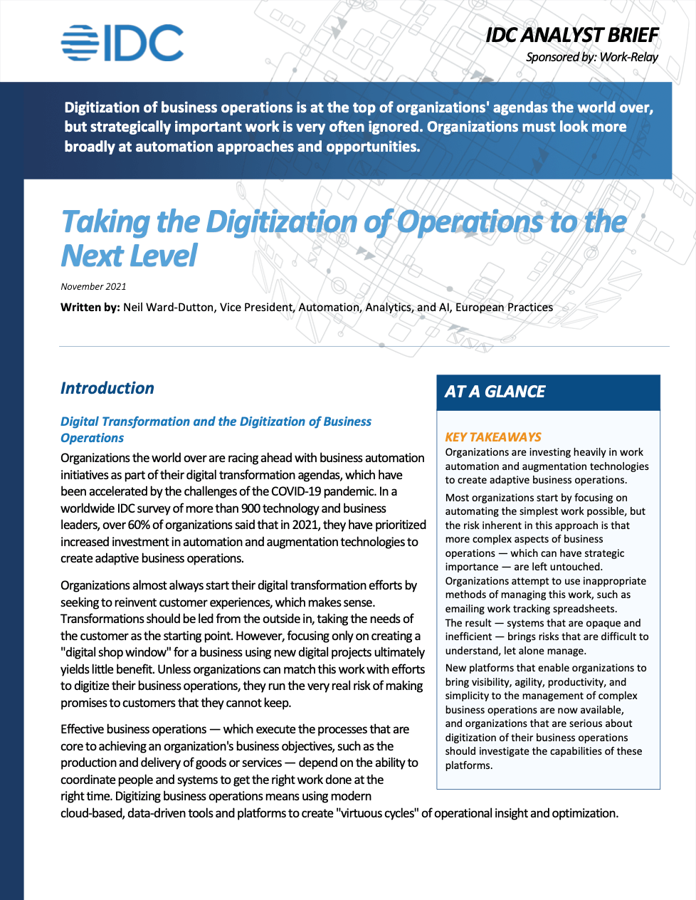 A preview of the analyst brief download regarding how businesses can digitize their operations using Work-Relay