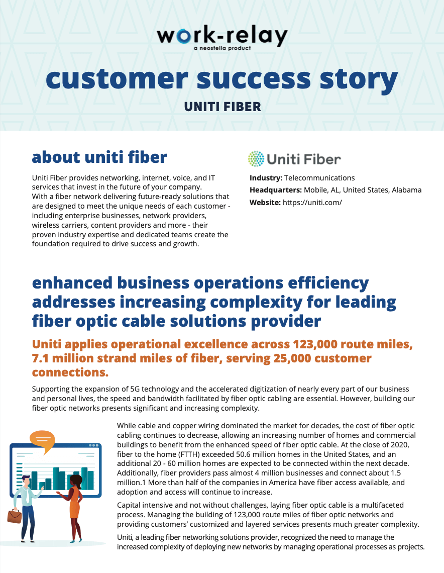 A preview of the customer success story download regarding how Uniti Fiber transformed their telecom business process using Work-Relay